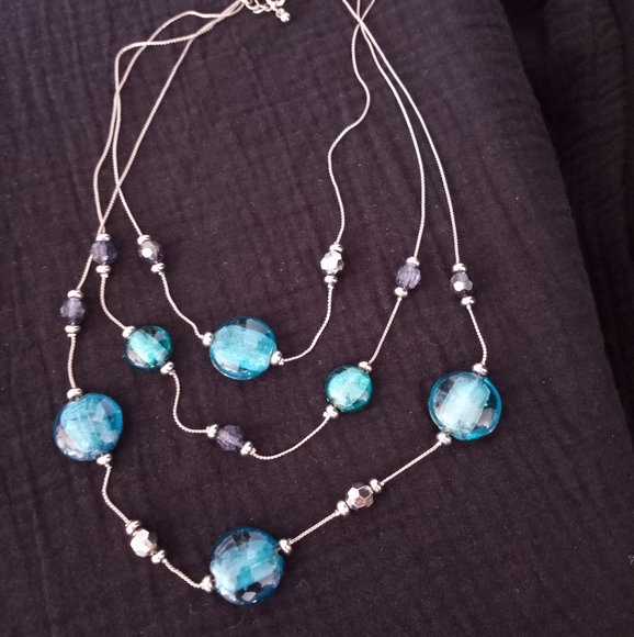 3 Strand Fixed Point Aquamarine & Slate Beaded Silver Statement Necklace - Picture 8 of 8